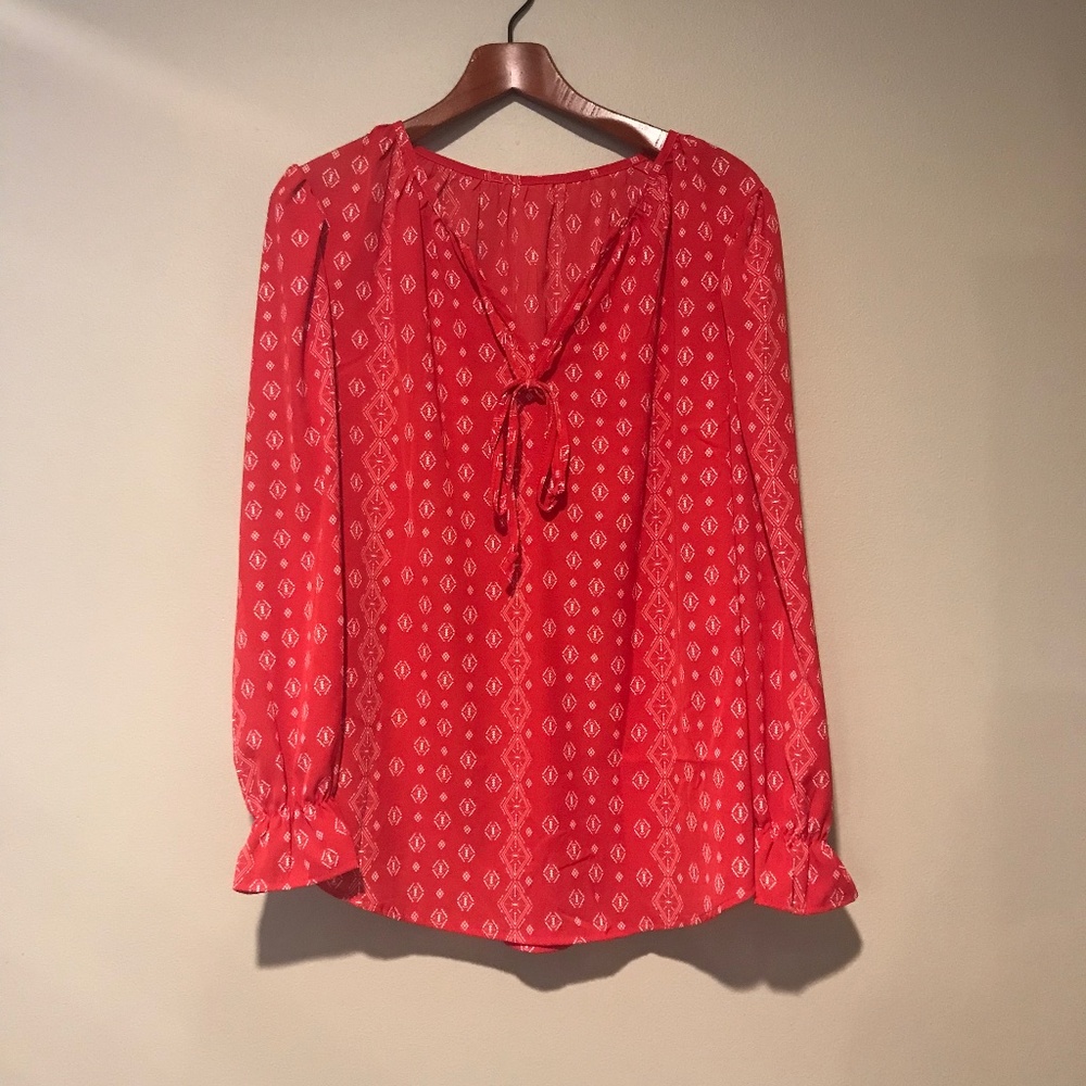 Red Blouse, Vertical lines with White Diamond Shapes in Design, Ruffled Sleeves